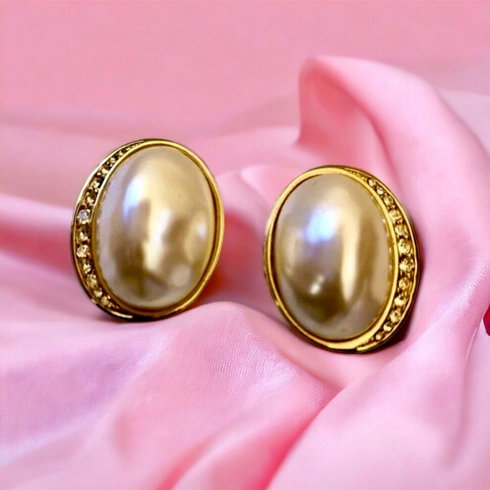Vintage Richelieu Gold Tone Faux Pearl Rhinestone Crescent Clip On Earrings